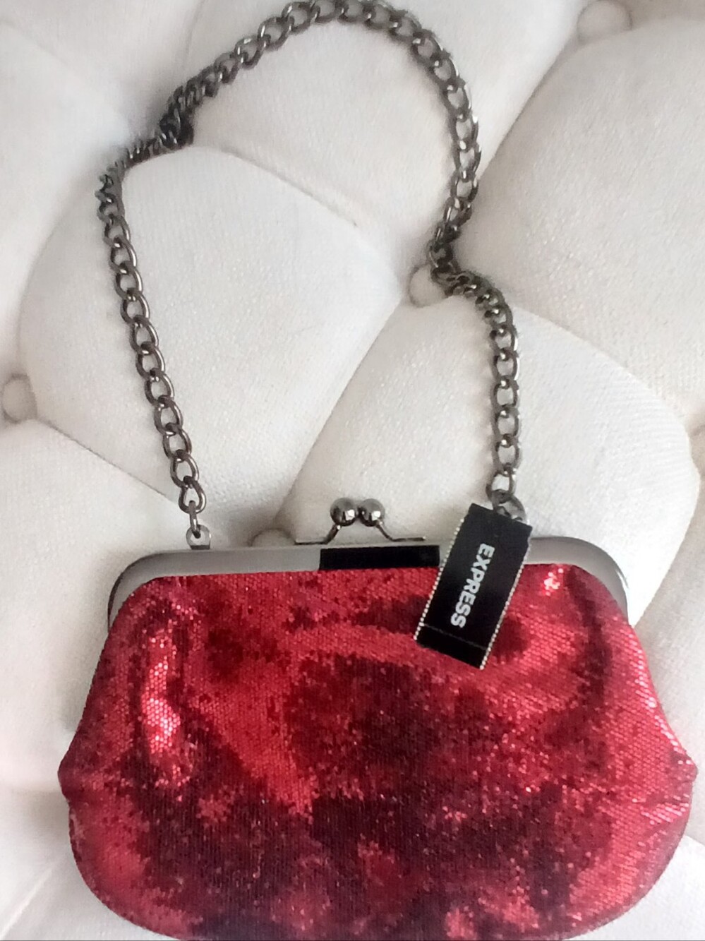 Express Red Sequin Kiss Lock Clutch W/ Silver Chain. NWT